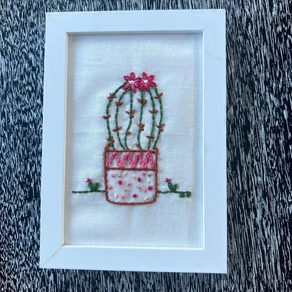 Sweet‎ hand embroidered cactus flower framed